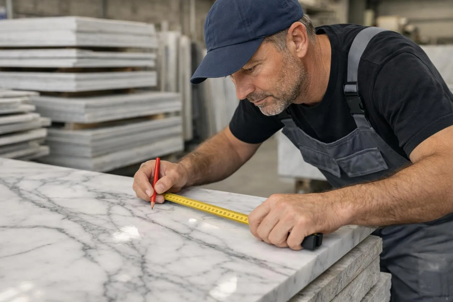 Ouvrier mesurant une surface de marbre dans un entrepôt.
