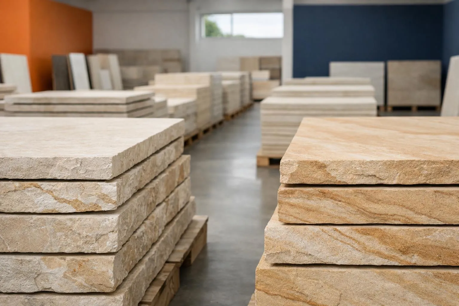 Entrepôt de matériaux de construction en pierre et en bois.