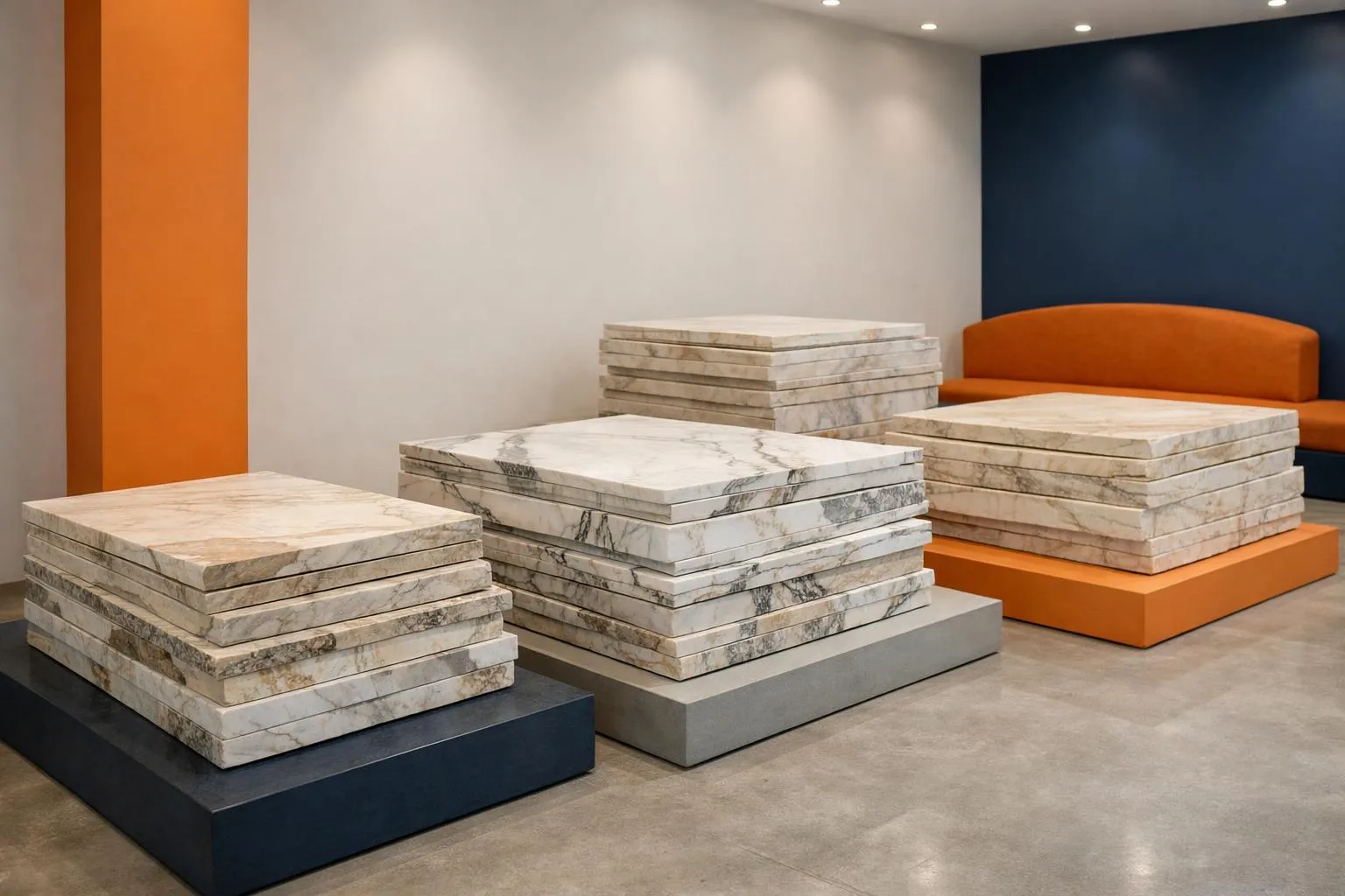 Échantillons de marbre empilés sur des socles dans un showroom.