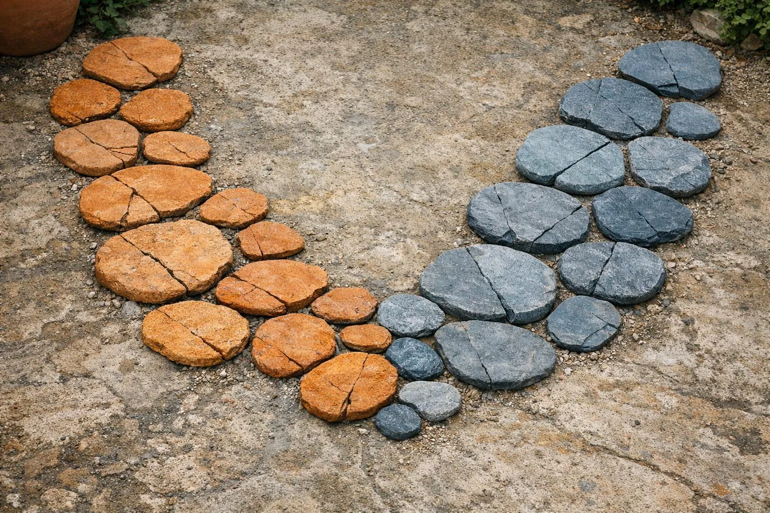 Pierres et briques formant un chemin dans un jardin.
