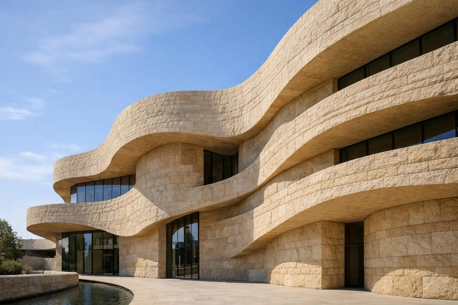 Bâtiment architectural moderne en pierre beige avec des formes courbes.