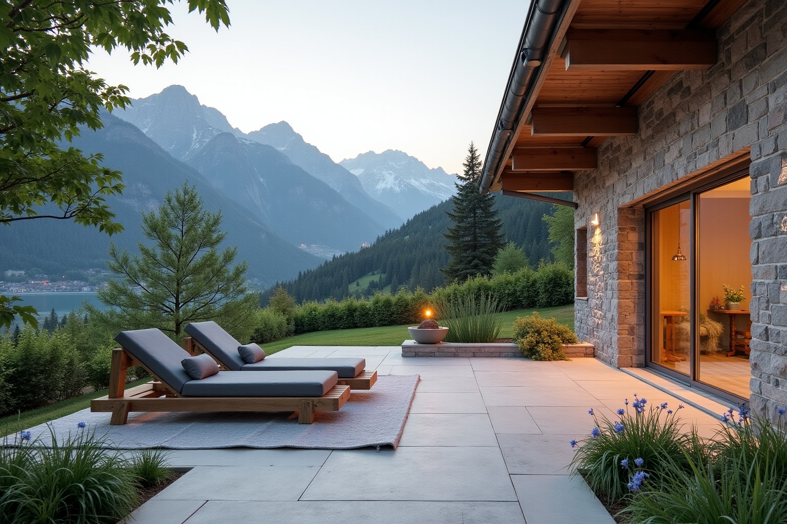 Terrasse extérieure avec vue panoramique sur les montagnes enneigées.