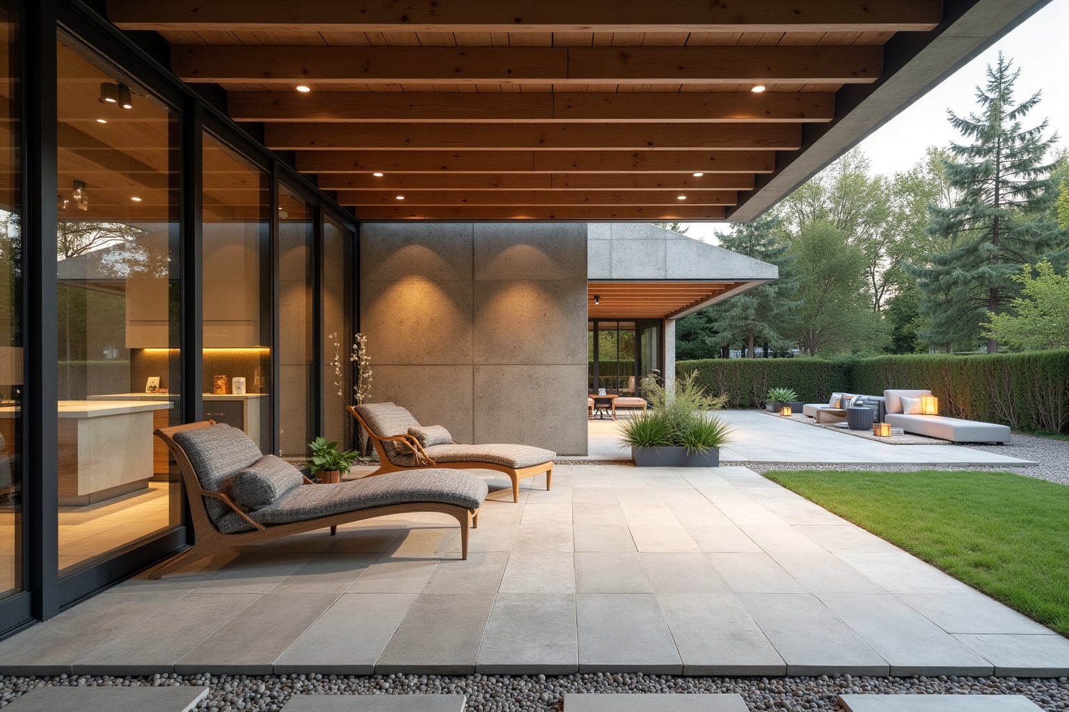 Terrasse extérieure moderne avec mobilier confortable et vue sur la nature.