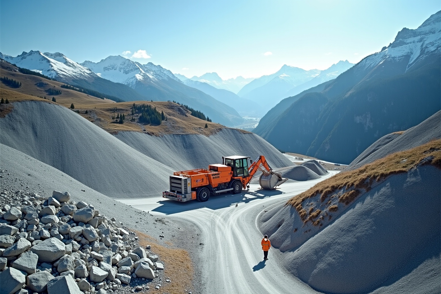 Paysage montagneux enneigé avec un véhicule de chantier et un randonneur.