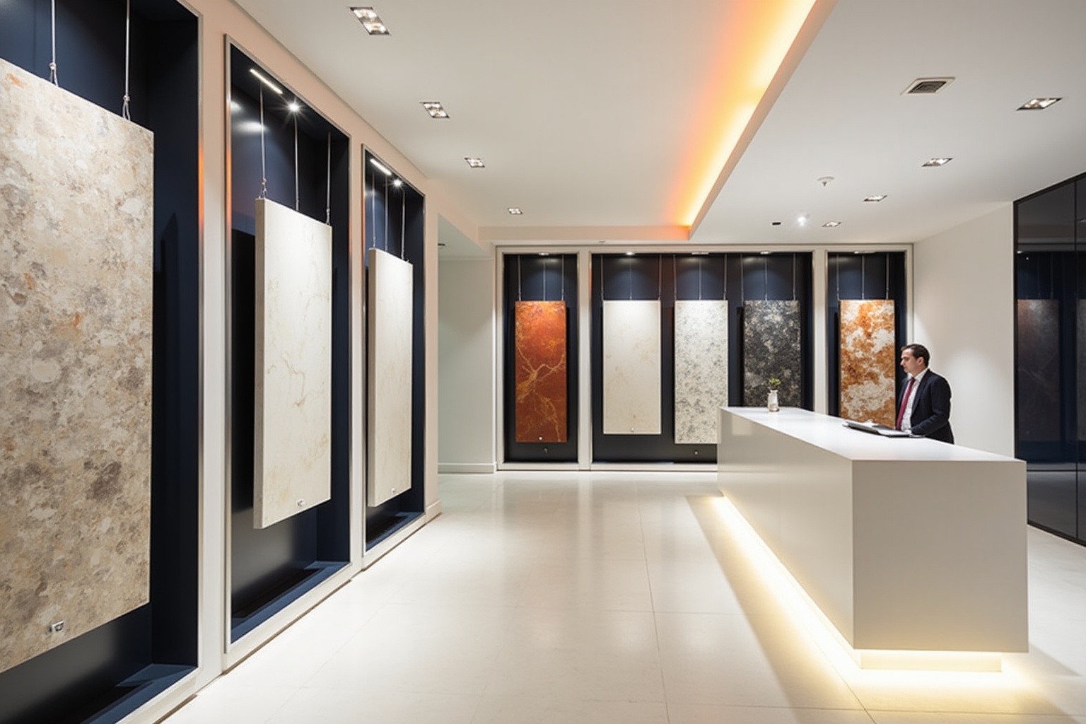 Salle d'exposition de carrelage de luxe avec éclairage élégant et réception.