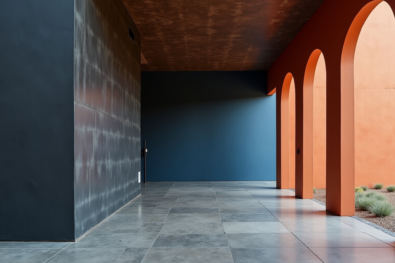 Couloirs sombres et arches orangées dans un bâtiment moderne.