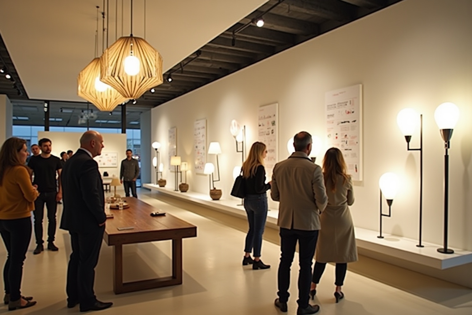 Exposition de luminaires dans un espace d'exposition moderne.