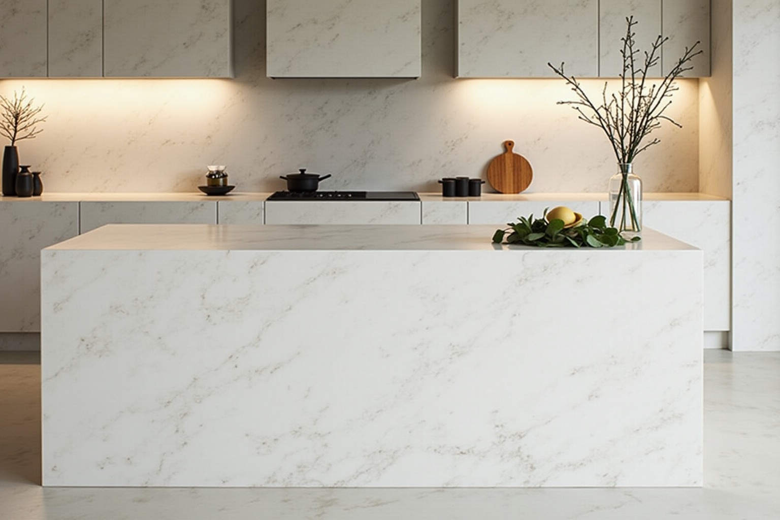Cuisine moderne avec comptoir en marbre blanc, appareils noirs et décoration végétale.