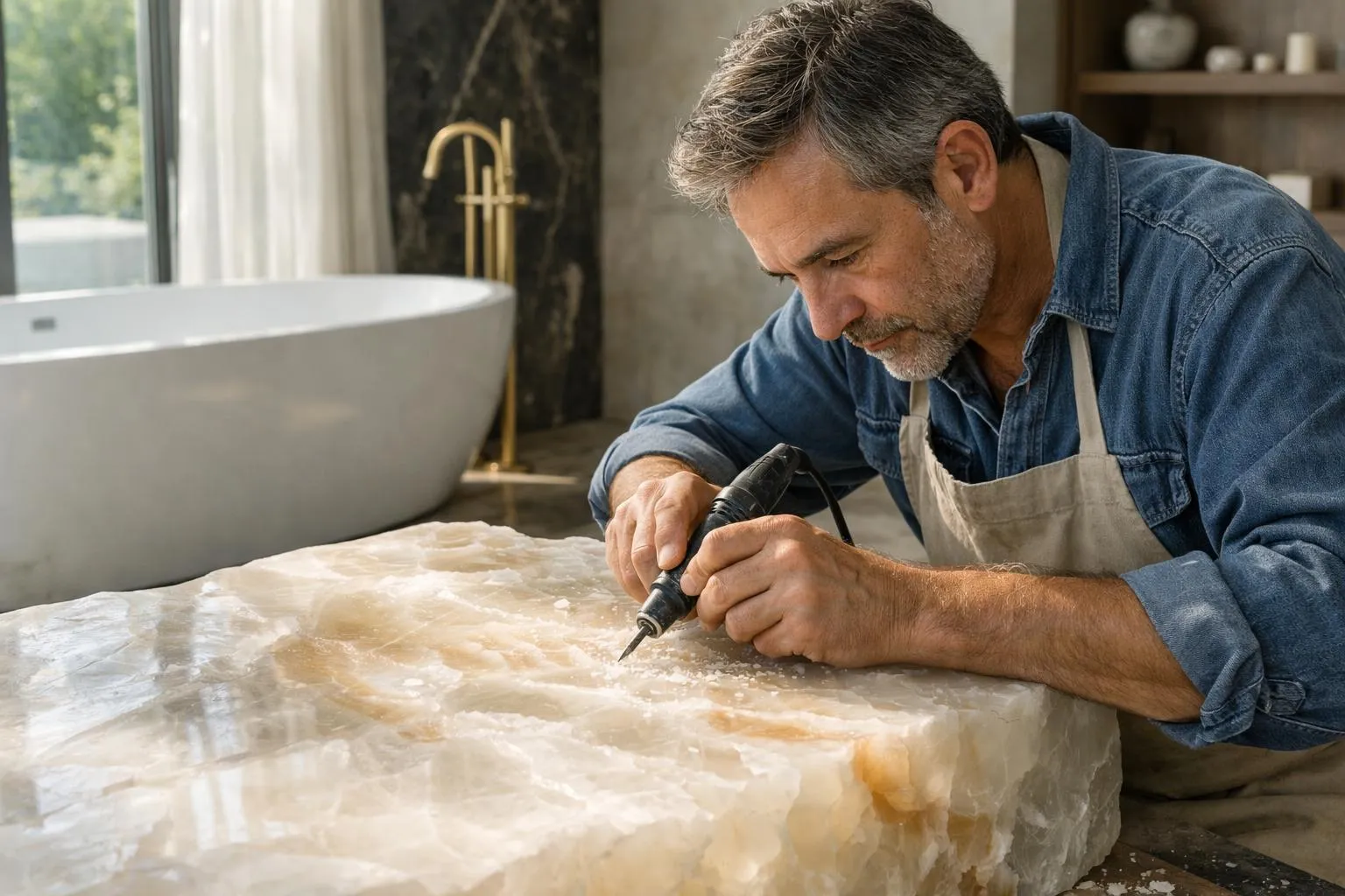 Homme barbu en salopette travaillant sur un projet de rénovation de salle de bain.