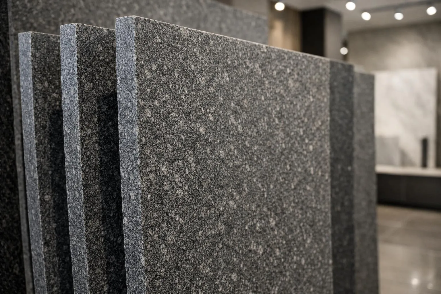 Dalles de granit gris foncé empilées dans un showroom.