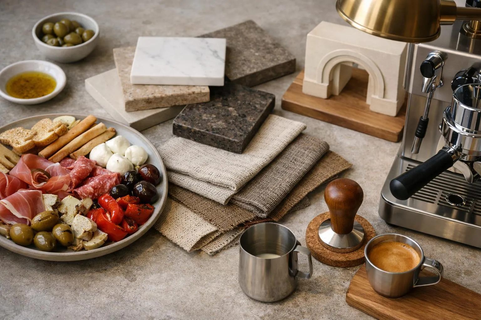 Plateau de charcuterie, ustensiles de cuisine et échantillons de matériaux de construction.
