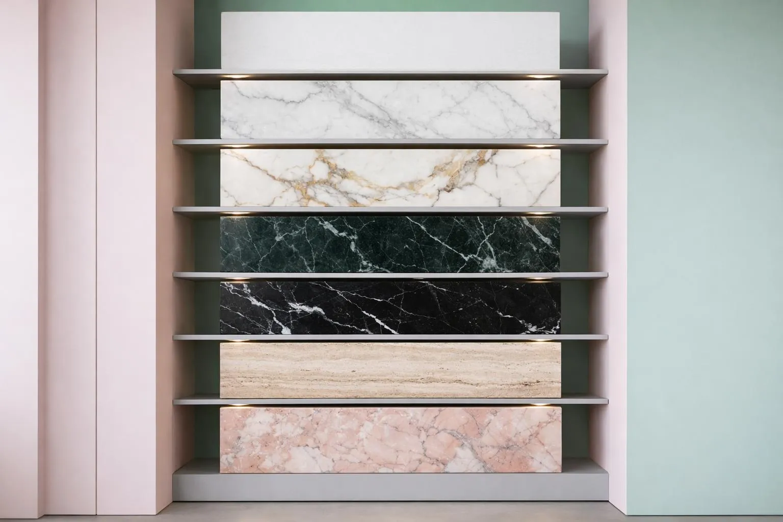 Étagères en marbre blanc, noir et rose avec des accents dorés.