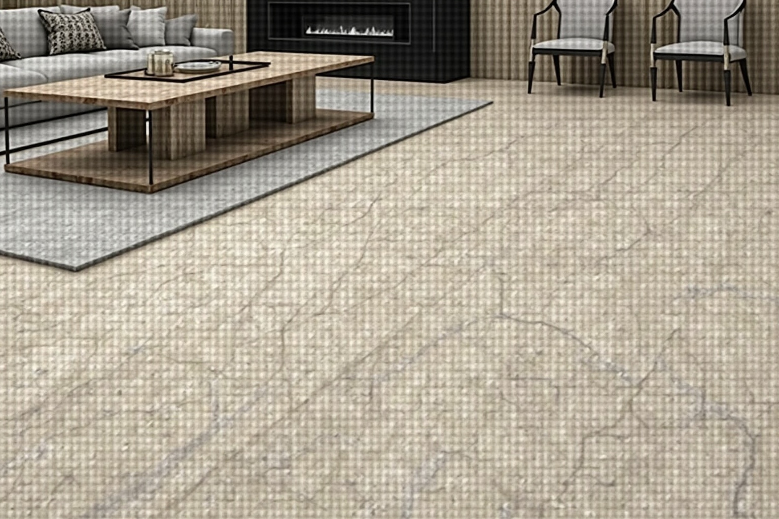 Salon élégant avec mobilier moderne, cheminée et tapis texturé.