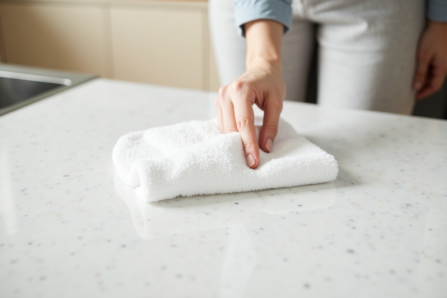 Main posée sur une serviette blanche sur un plan de travail.