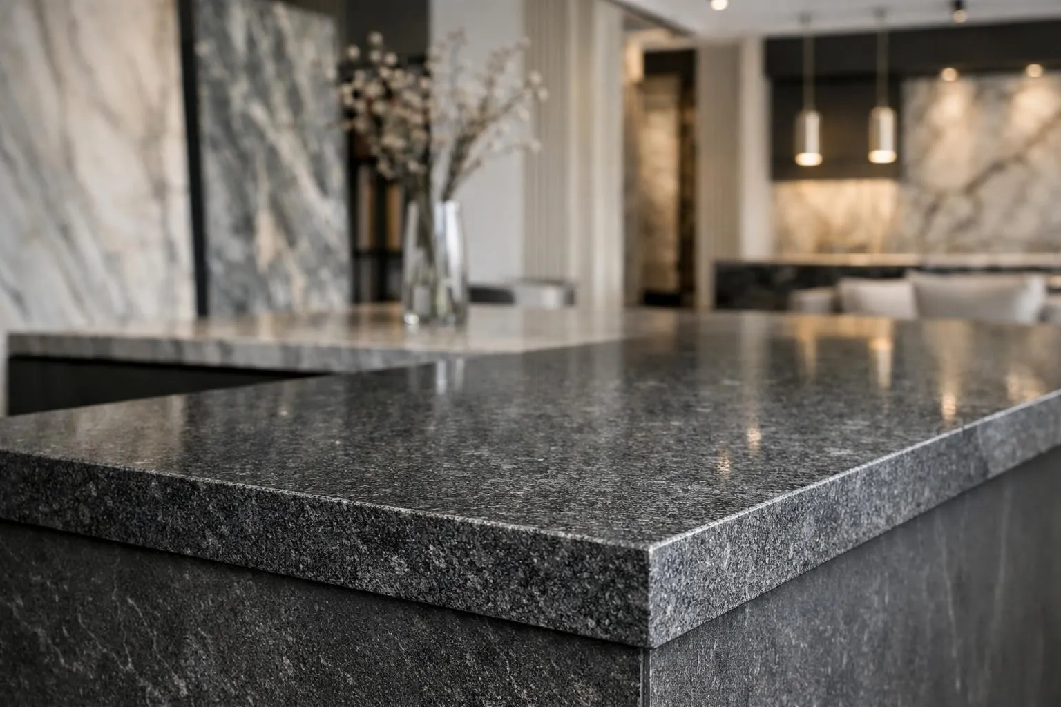 Plan de travail en granit noir brillant.