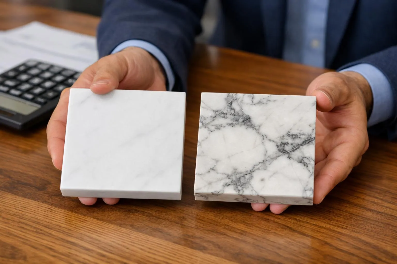 Deux échantillons de marbre blanc et gris sur un bureau en bois.