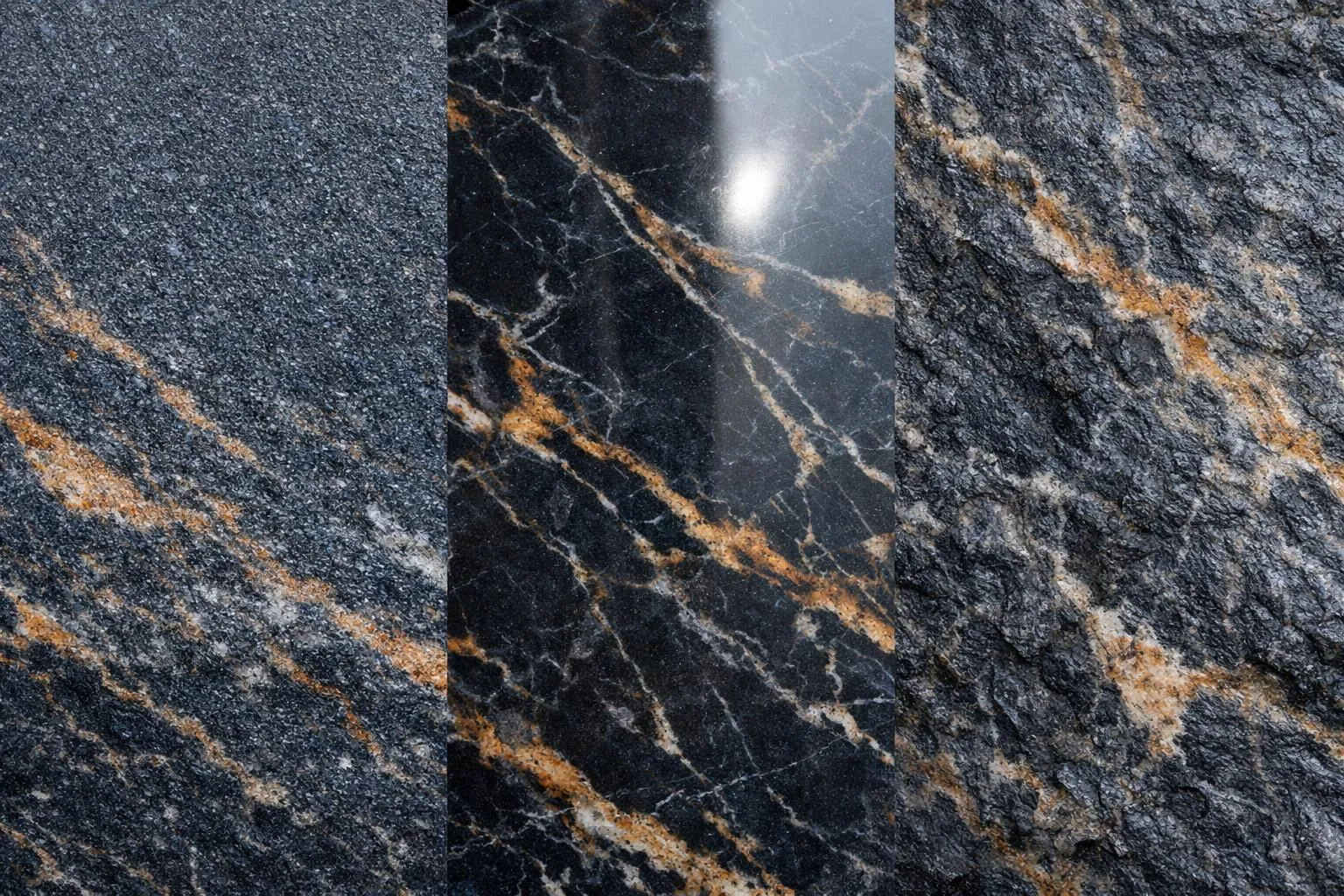 Texture de marbre noir et doré avec des veines distinctes.