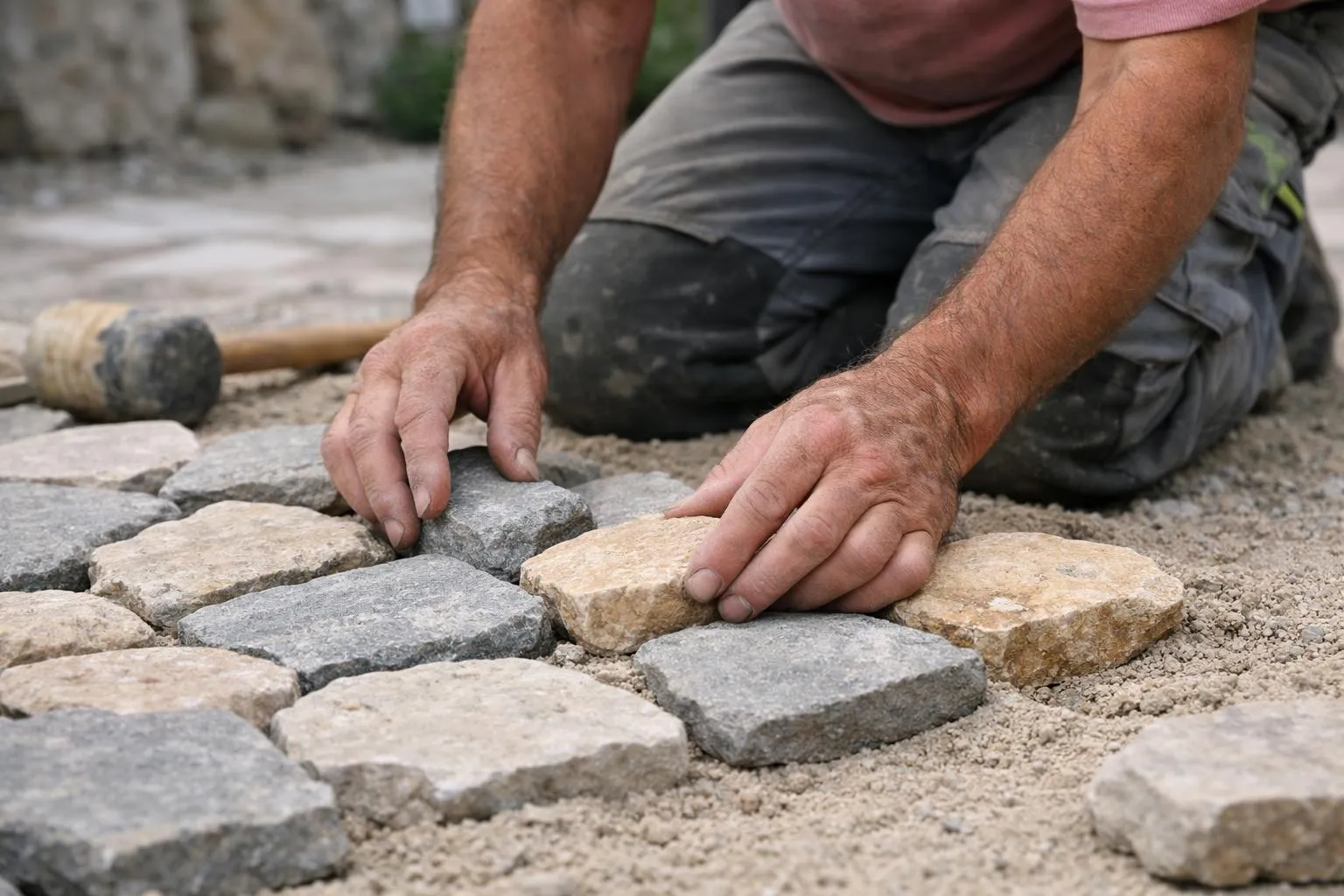 Mains d'un ouvrier posant des pierres pour un pavage.