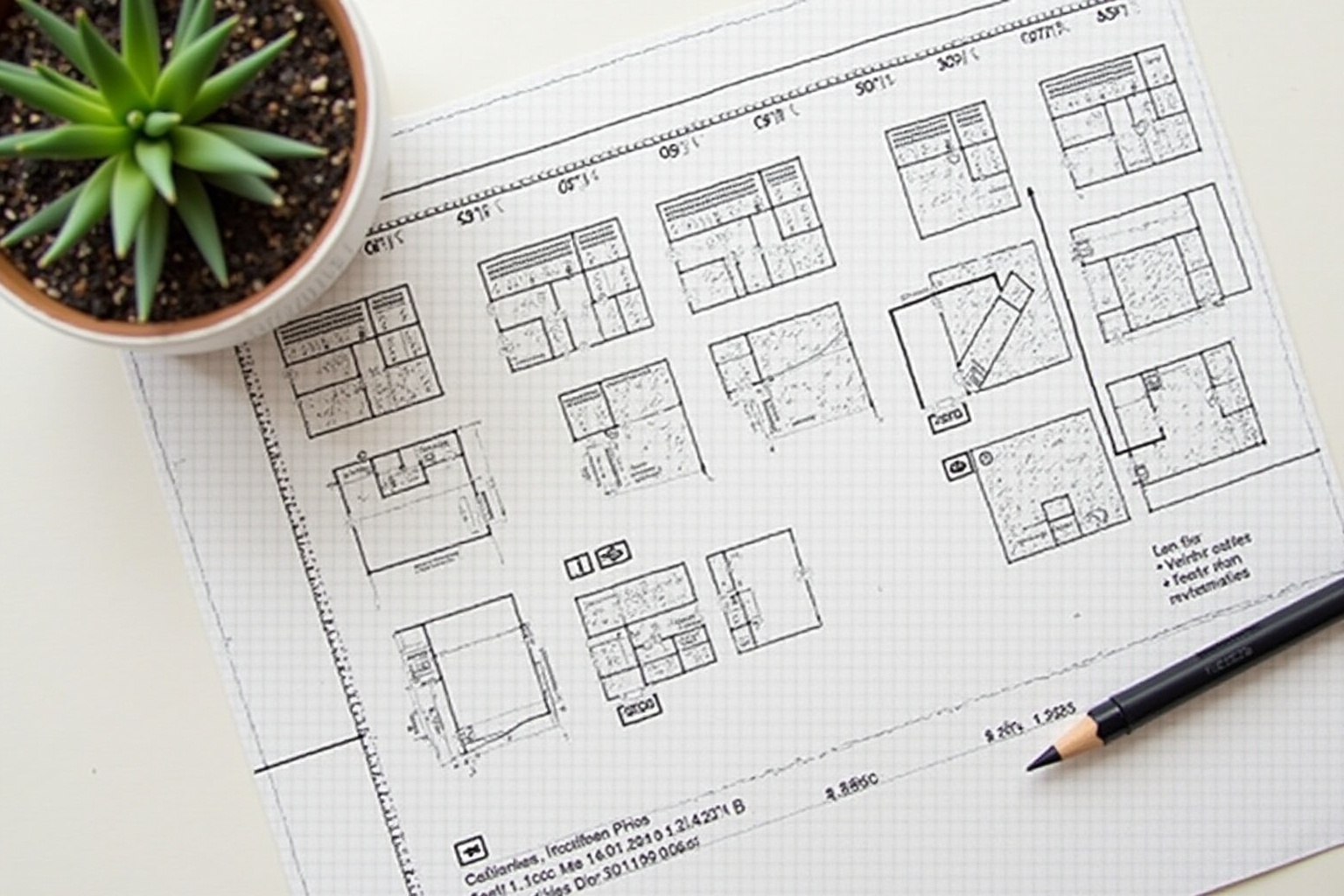 Plans architecturaux détaillés avec un crayon et une plante en pot.
