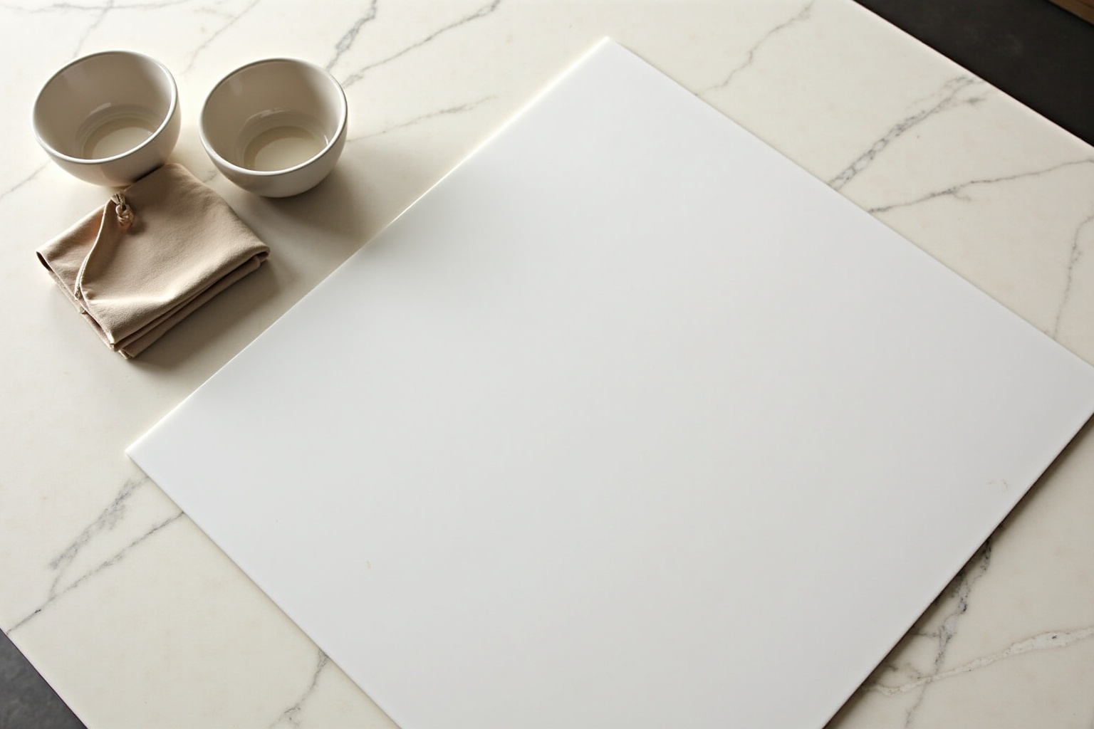 Tasses, serviette et feuille blanche sur une surface en marbre.
