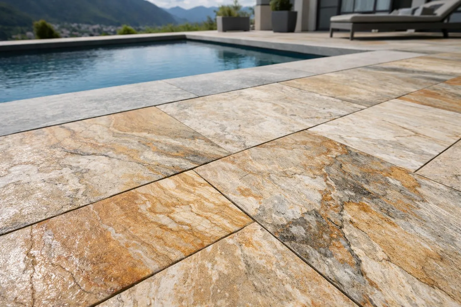 Carrelage de pierre naturelle autour d'une piscine avec vue sur la montagne.