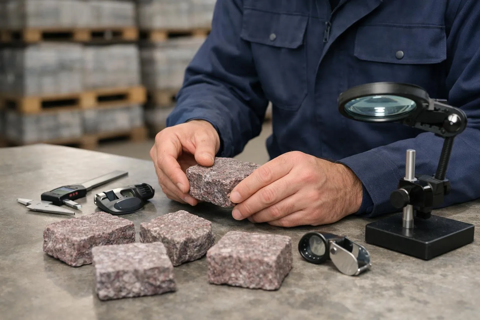 Examen attentif de pierres de granit par un professionnel.