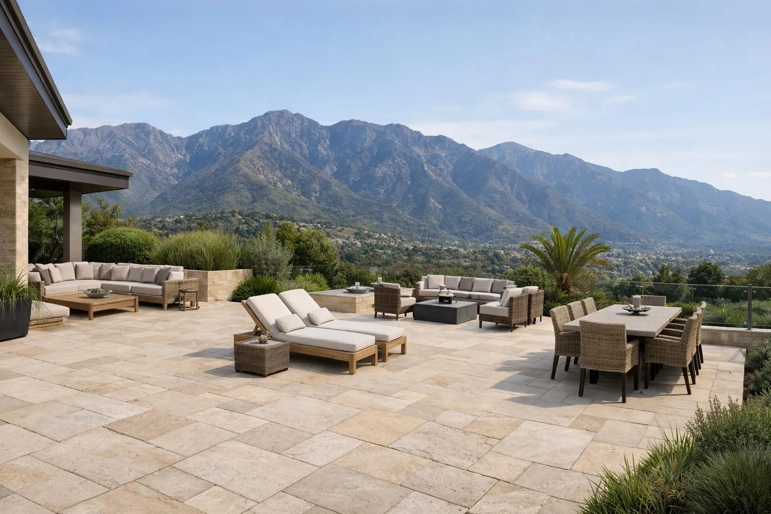 Terrasse avec mobilier de jardin avec vue sur les montagnes.