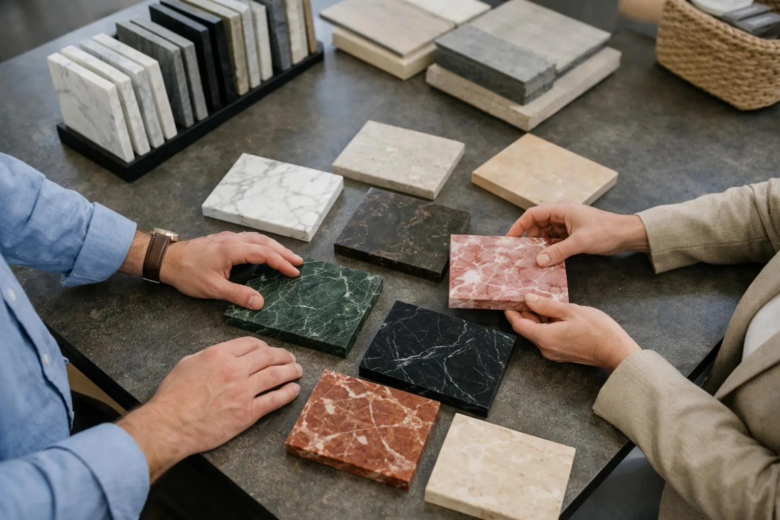 Échantillons de matériaux de construction en marbre et en pierre sur une table.