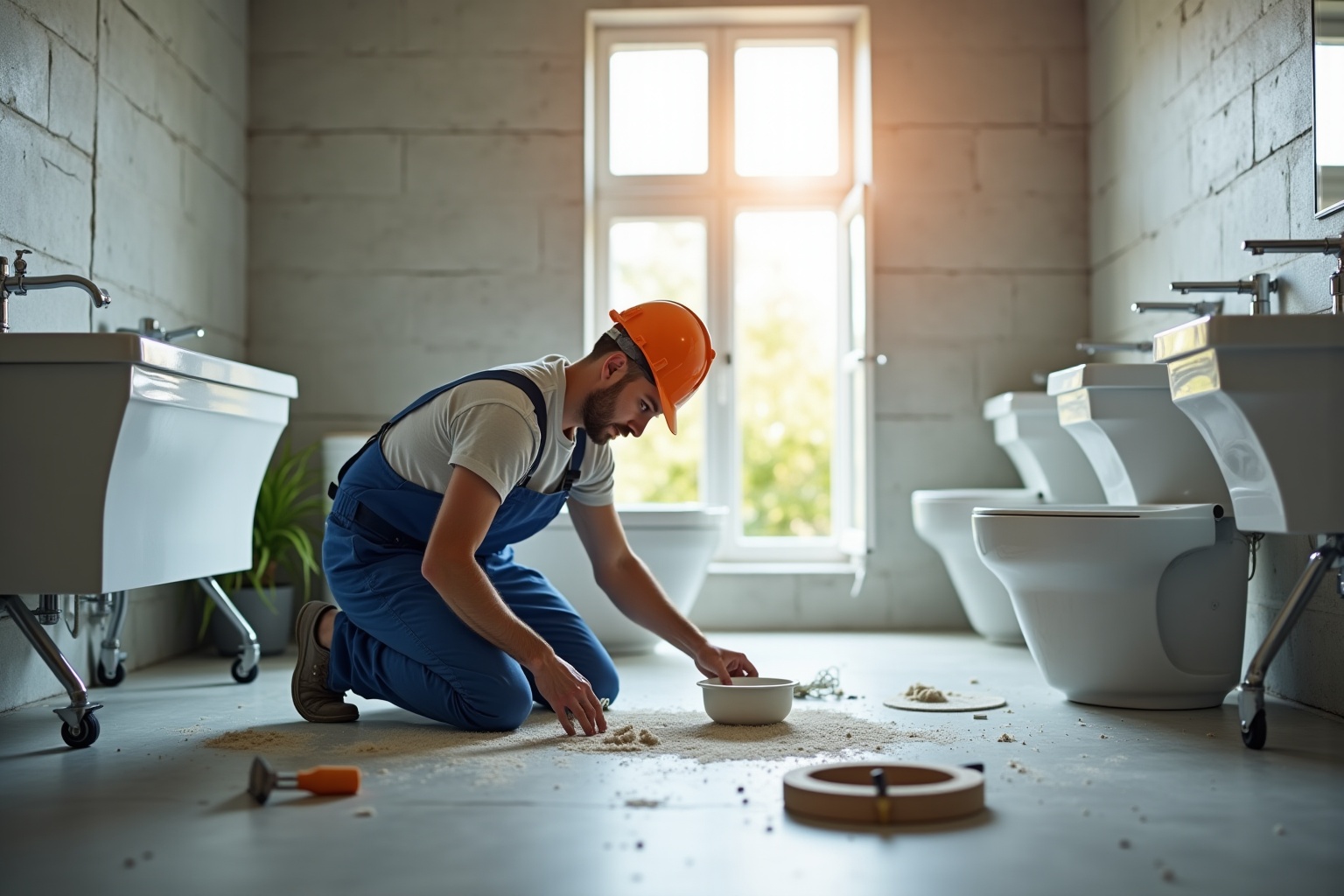 "Un carreleur vaud en train de travailler dans une salle de bain en rénovation, posant des carreaux de céramique avec soin et