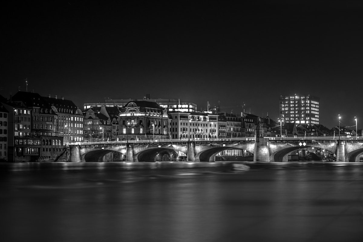 Paysage urbain nocturne en noir et blanc, avec un pont et des bâtiments illuminés.