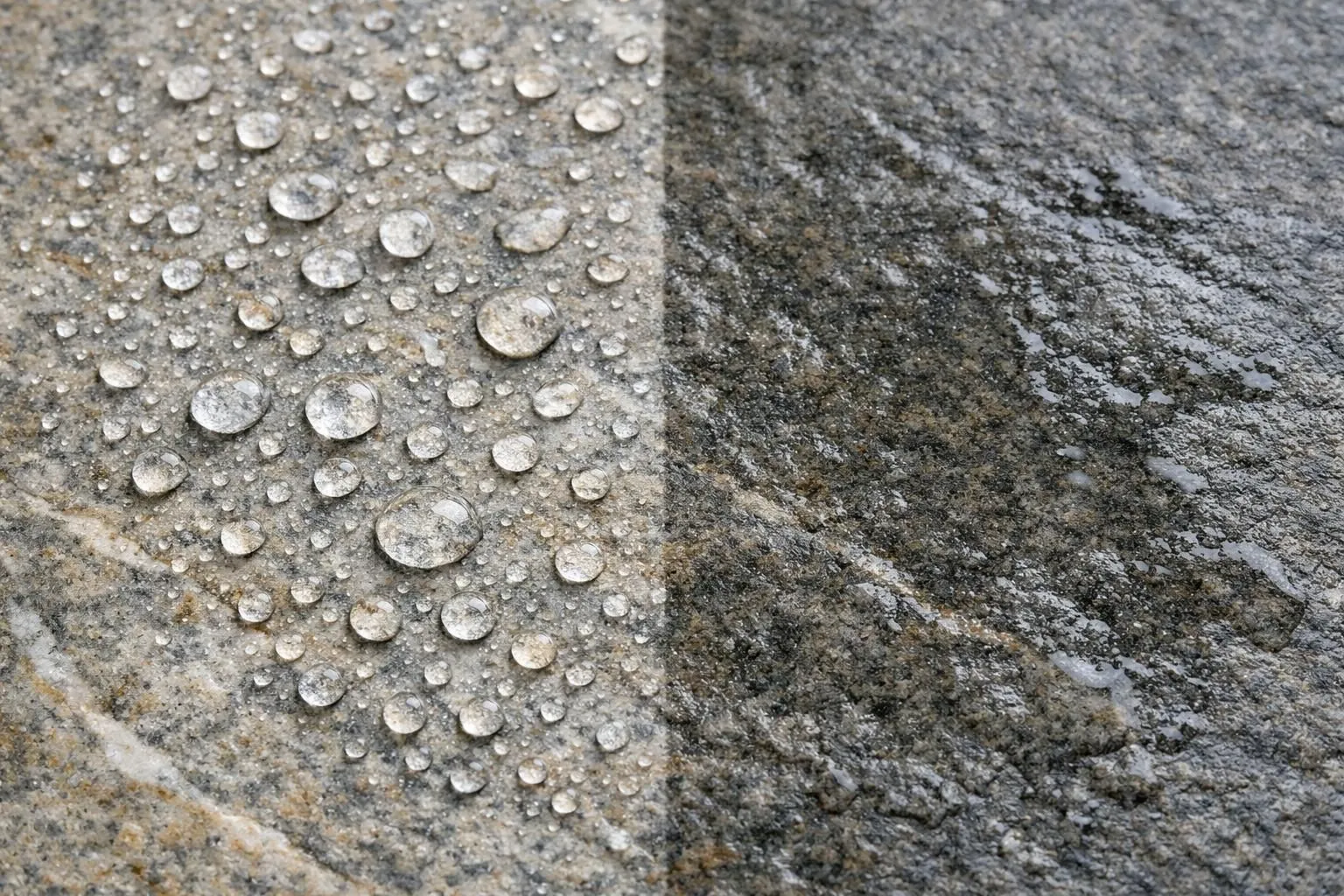 Surface de pierre naturelle en gros plan montrant des gouttelettes d'eau perlant sur la moitié traitée et absorbées sur la partie non protégée, un éclairage élégant soulignant le contraste entre la pierre naturelle traitée et non traitée.