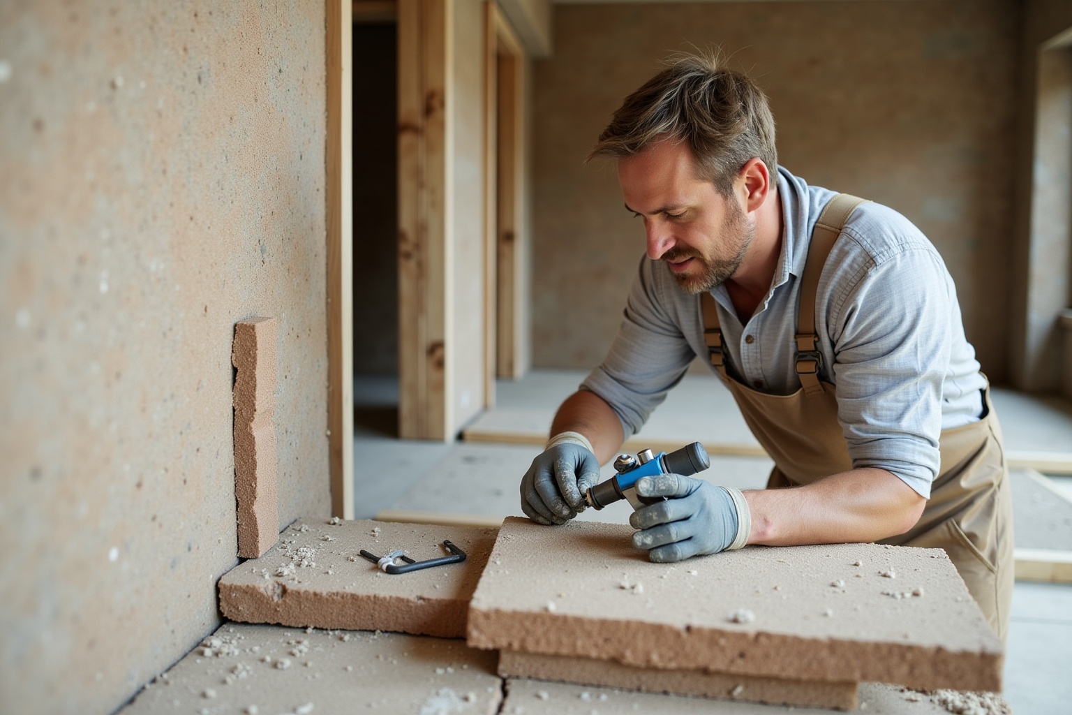 Homme travaillant sur la rénovation d'un mur avec des outils.