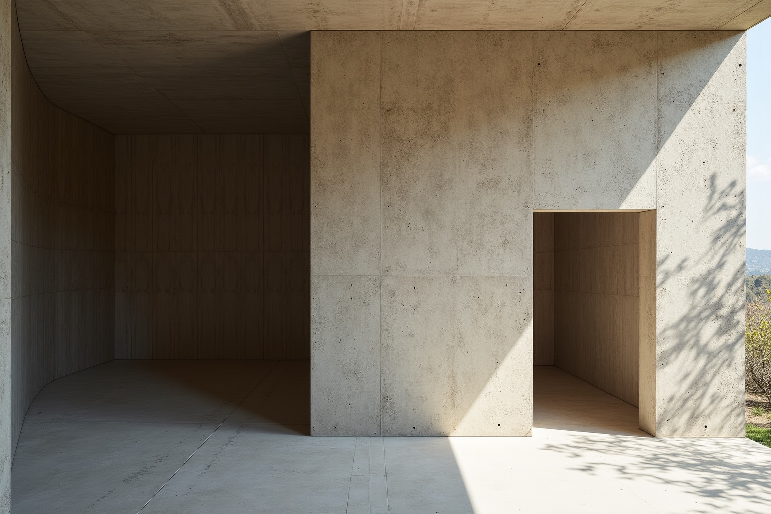Intérieur minimaliste en béton avec jeux d'ombre et de lumière.