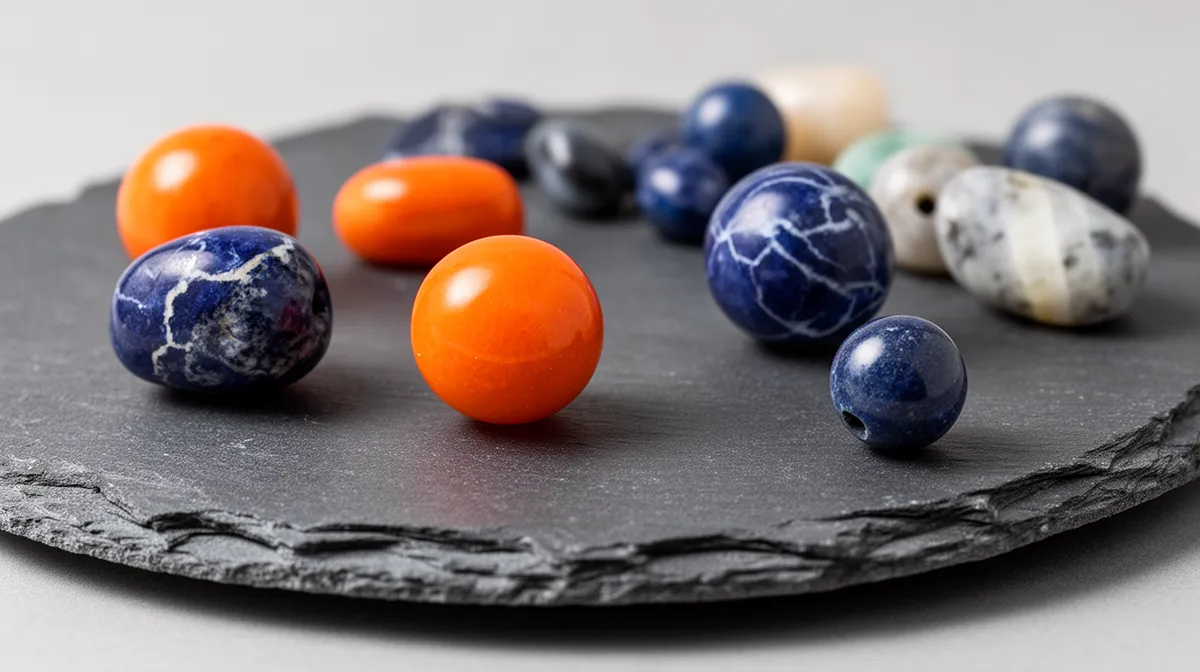 Assortiment de fruits et de pierres précieuses sur une ardoise noire.
