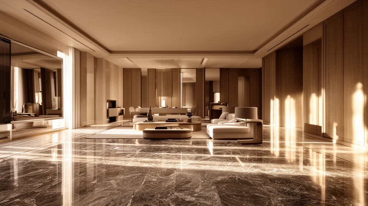 Intérieur luxueux avec sol en marbre et mobilier design.