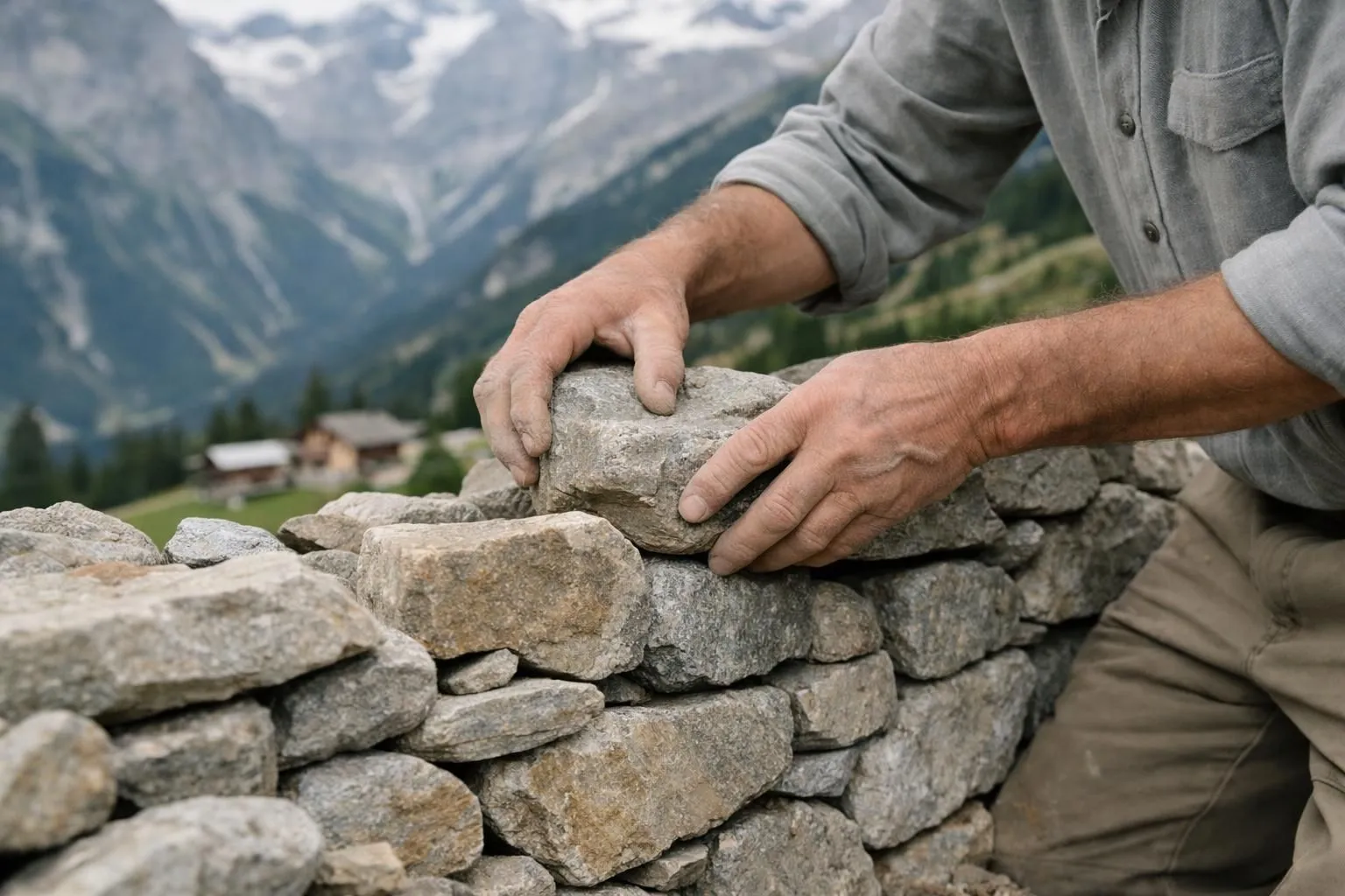 Des mains d'artisan sélectionnent et placent soigneusement des pierres naturelles irrégulières sur un mur en pierre sèche en construction dans un paysage montagneux suisse, montrant la technique d'imbrication sans mortier, avec des pierres de granit usées de différentes tailles cré
