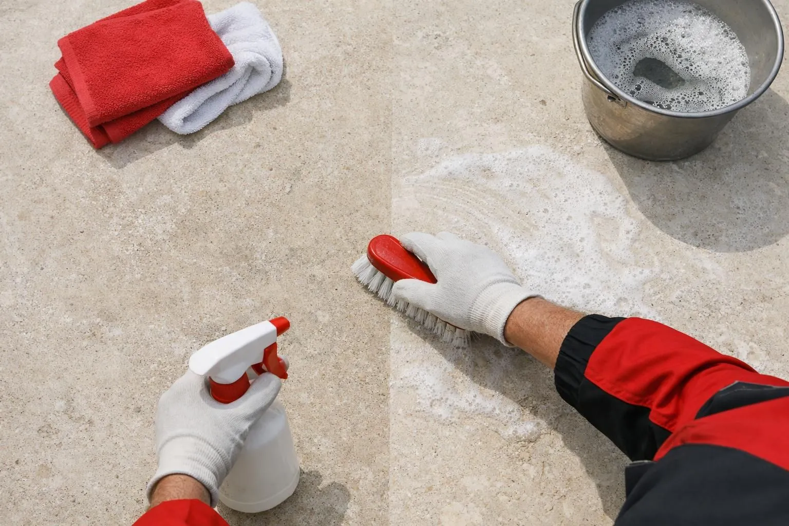 Professionnel nettoyant une terrasse en pierre naturelle avec une brosse et une solution de nettoyage, contraste entre les zones nettoyées et non nettoyées sur une surface élégante en calcaire, cadre architectural suisse.