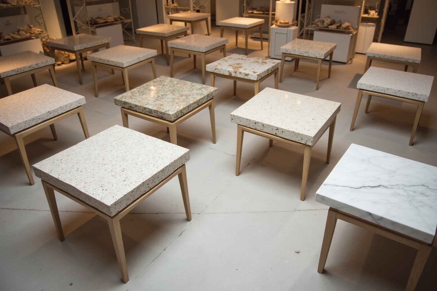 Tables en granit et en bois dans un showroom.