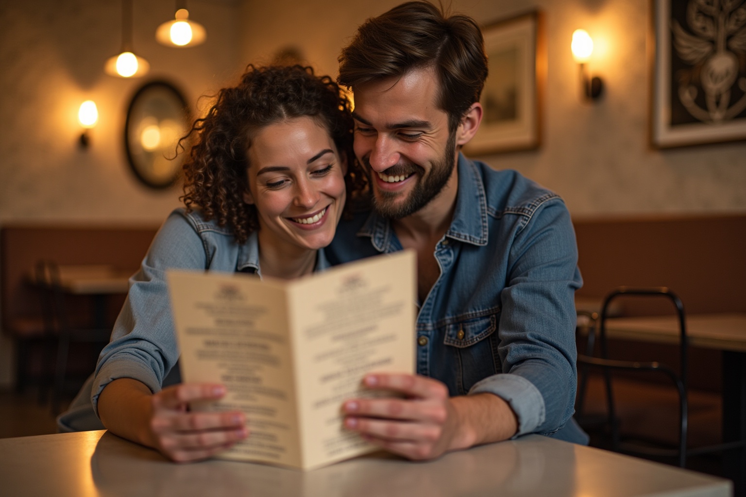 Couple heureux examinant un menu dans un restaurant chaleureux.