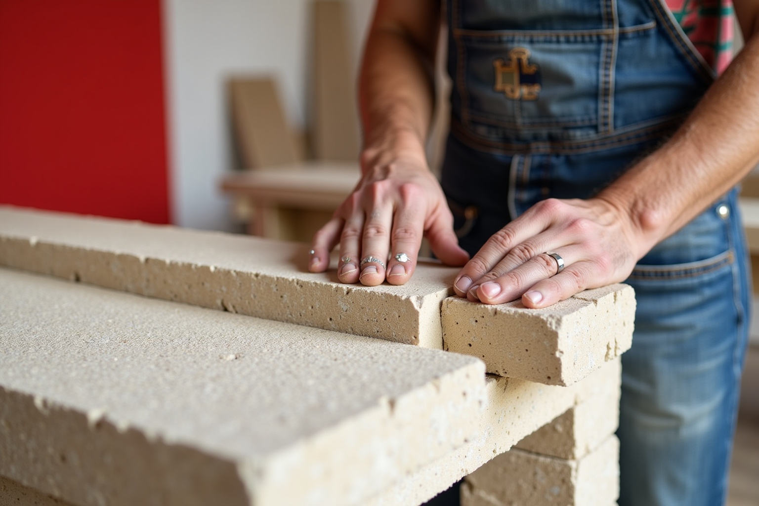 Mains d'un ouvrier posant des briques de construction.
