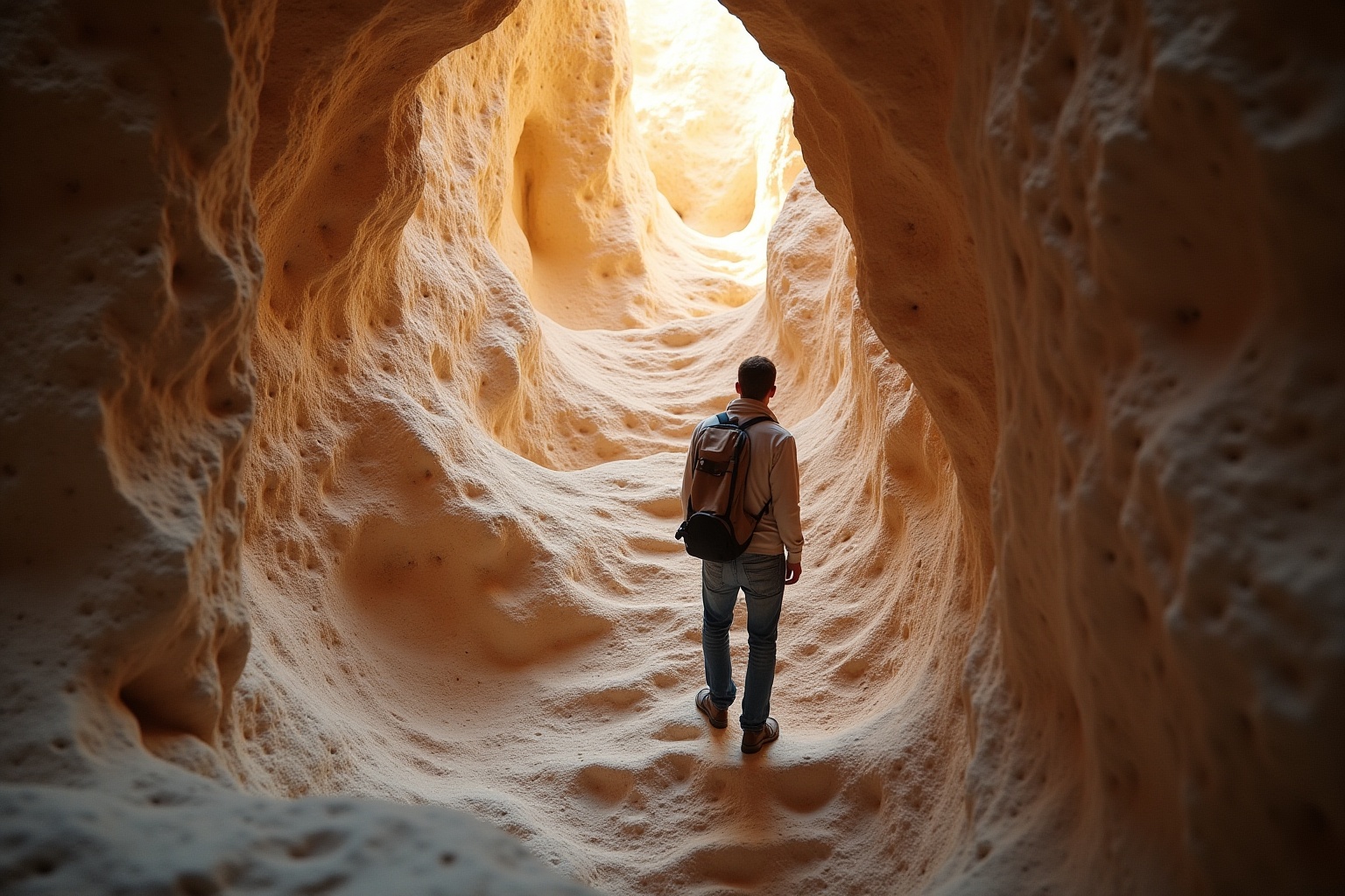 Homme marchant dans un canyon rocheux éclairé par la lumière.