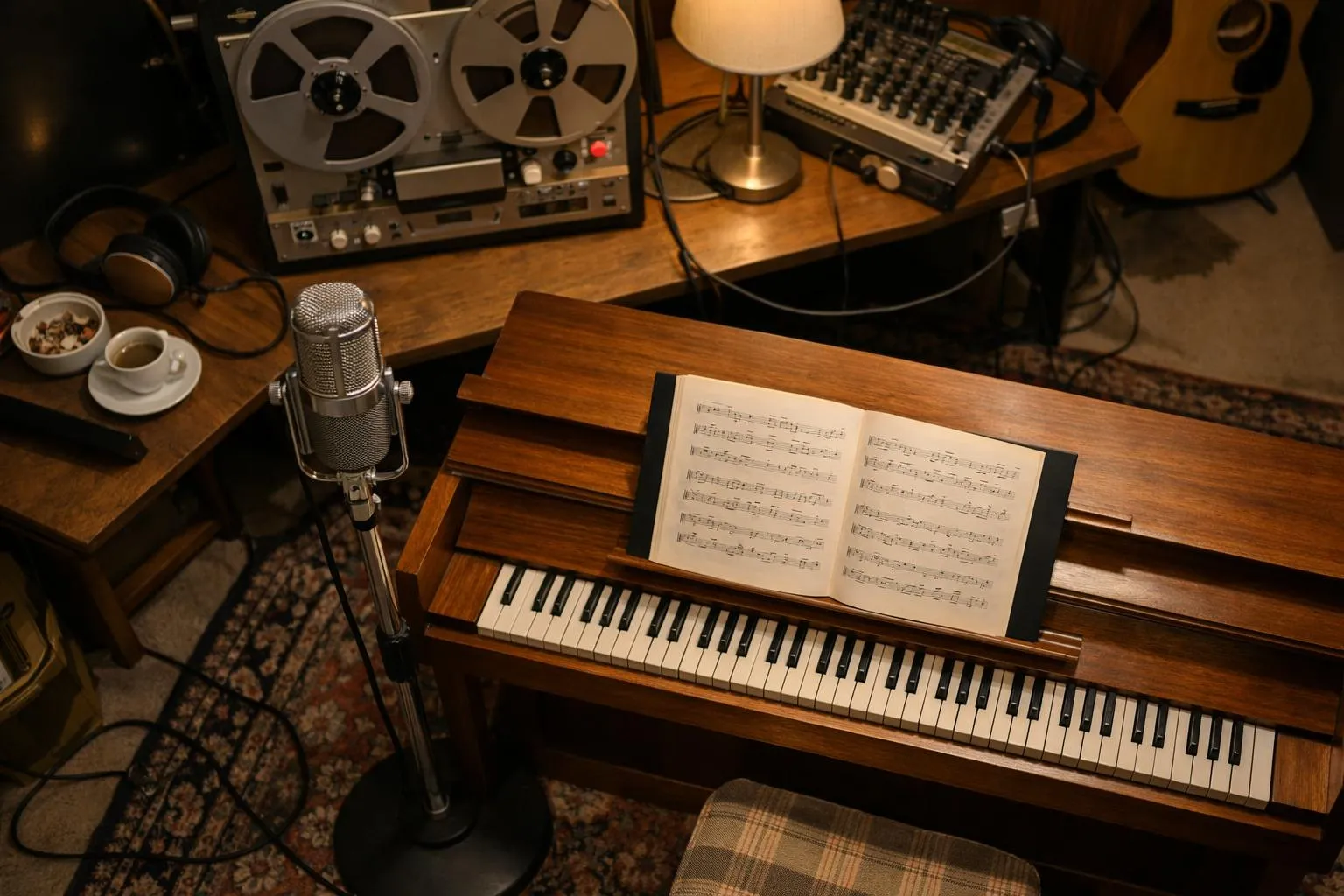 Studio d'enregistrement vintage avec équipement audio et partition musicale.
