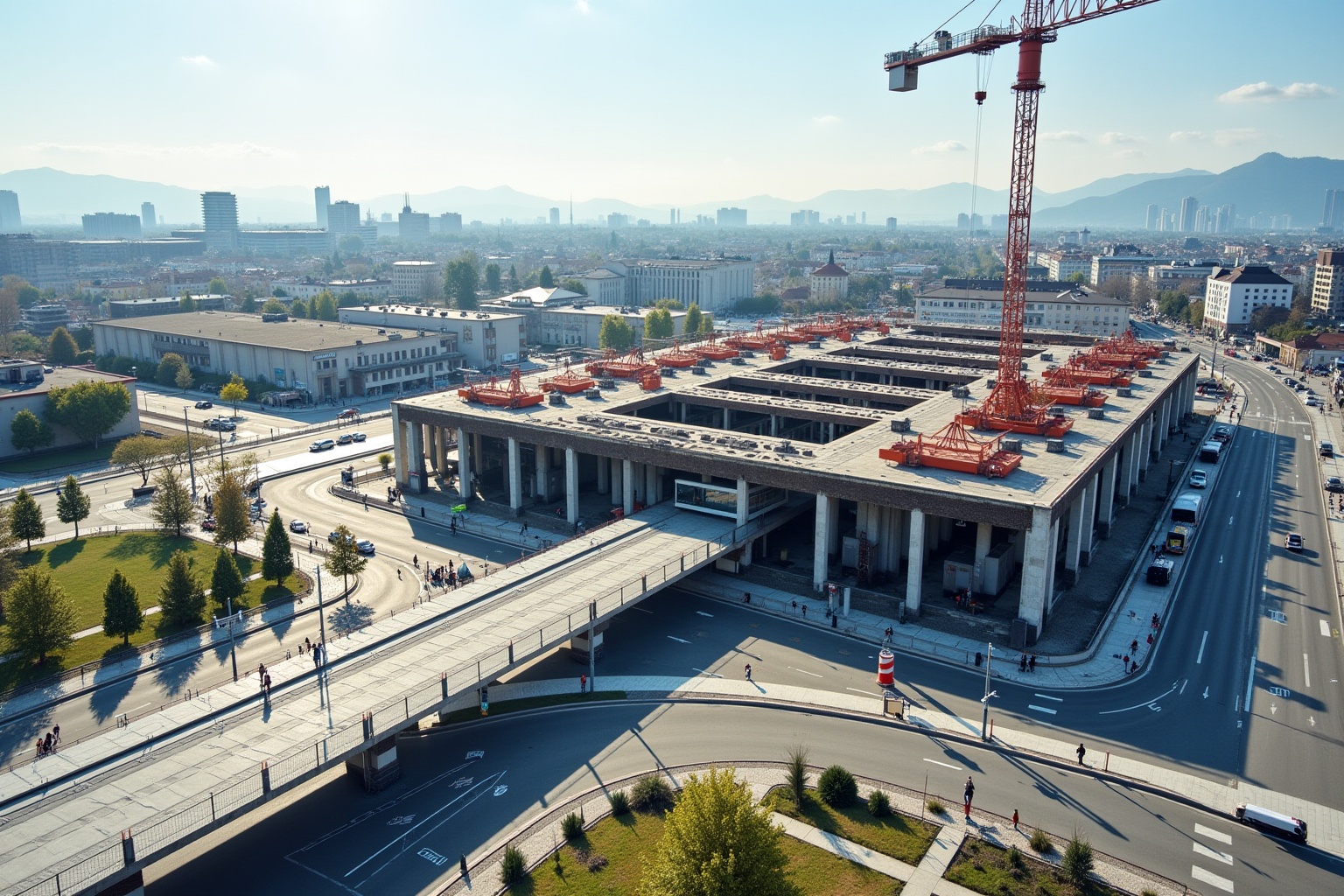 Paysage urbain avec grues de construction et bâtiments modernes.