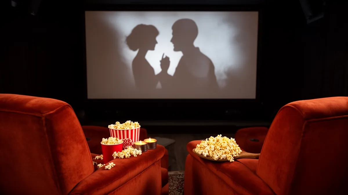 Deux silhouettes de personnes sur un écran de cinéma, popcorn et bougies sur des fauteuils rouges.