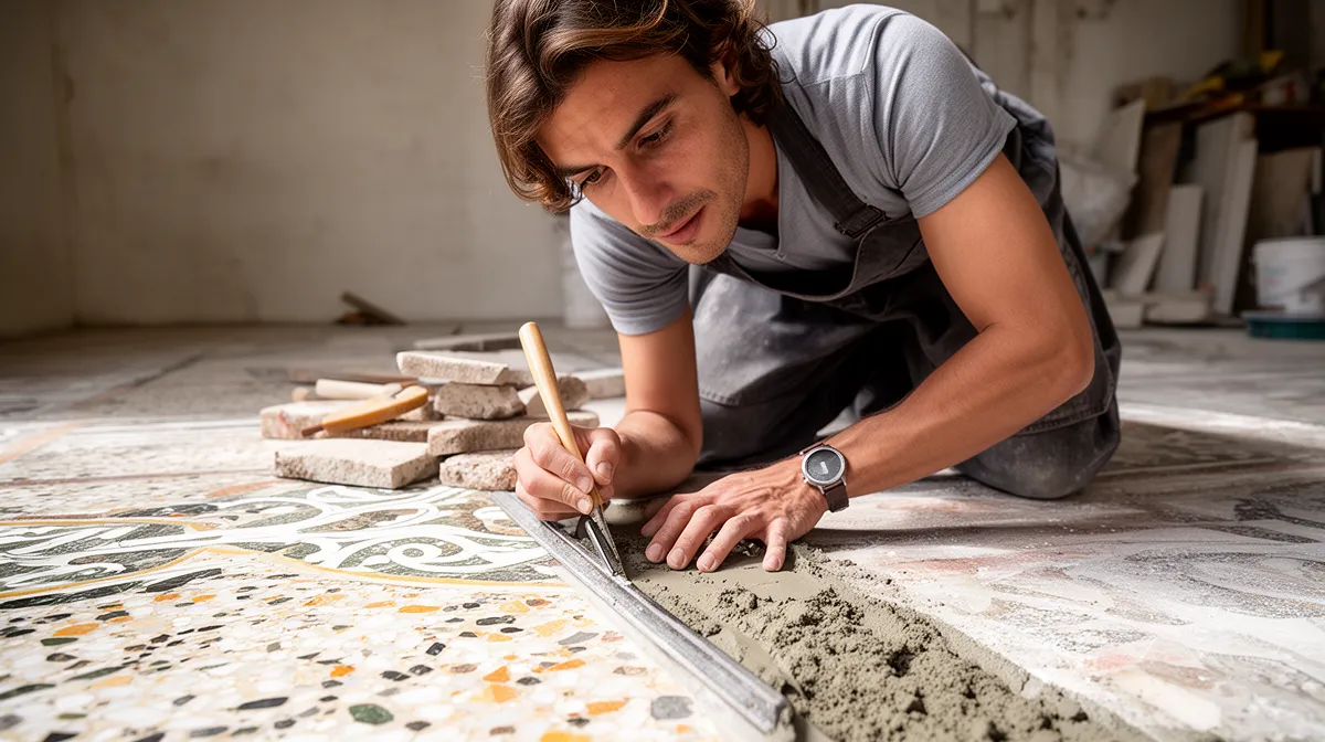 Un artisan travaille sur un sol en terrazzo, créant un motif élégant avec des outils traditionnels et des matériaux naturels.