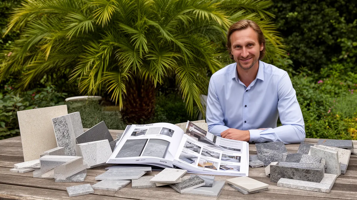 Catalogue pierre naturelle Global Stone 2026 dans un jardin luxuriant avec échantillons de pierres naturelles.