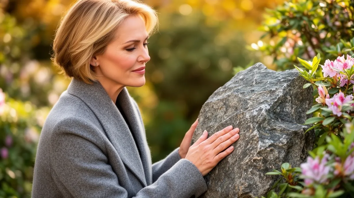 Sharon Stone et une pierre naturelle dans un jardin suisse luxuriant