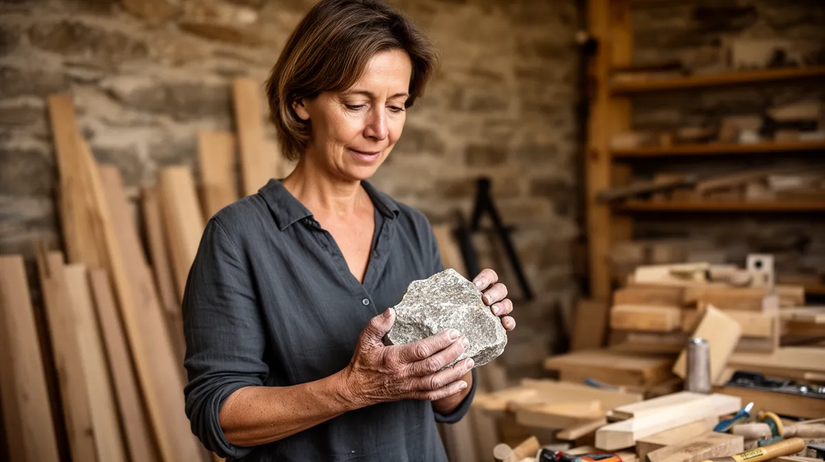 "Une femme travaille avec de la pierre naturelle dans un atelier Stone Et Wood en Suisse, entourée de bois et d'outils."