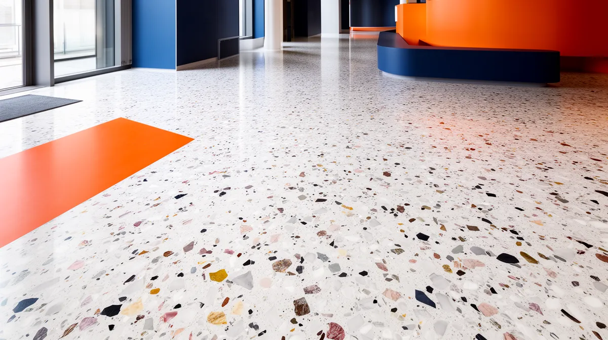 Carrelage de sol en terrazzo multicolore avec accents orange.