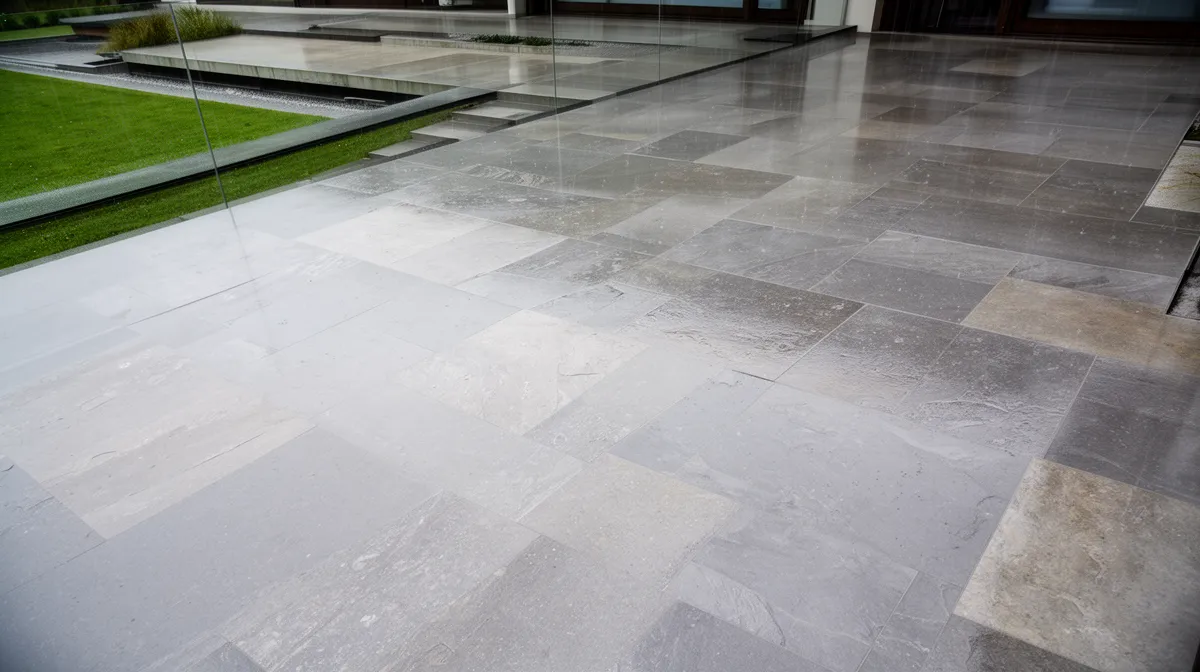 Carrelage de pierre grise et pelouse verte dans un environnement moderne.